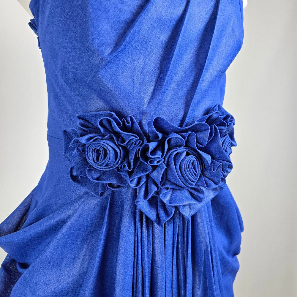 Vintage 80s Lalana House Couture One Shoulder Blue Rosette Cocktail Dress Sz S - Picture 4 of 12